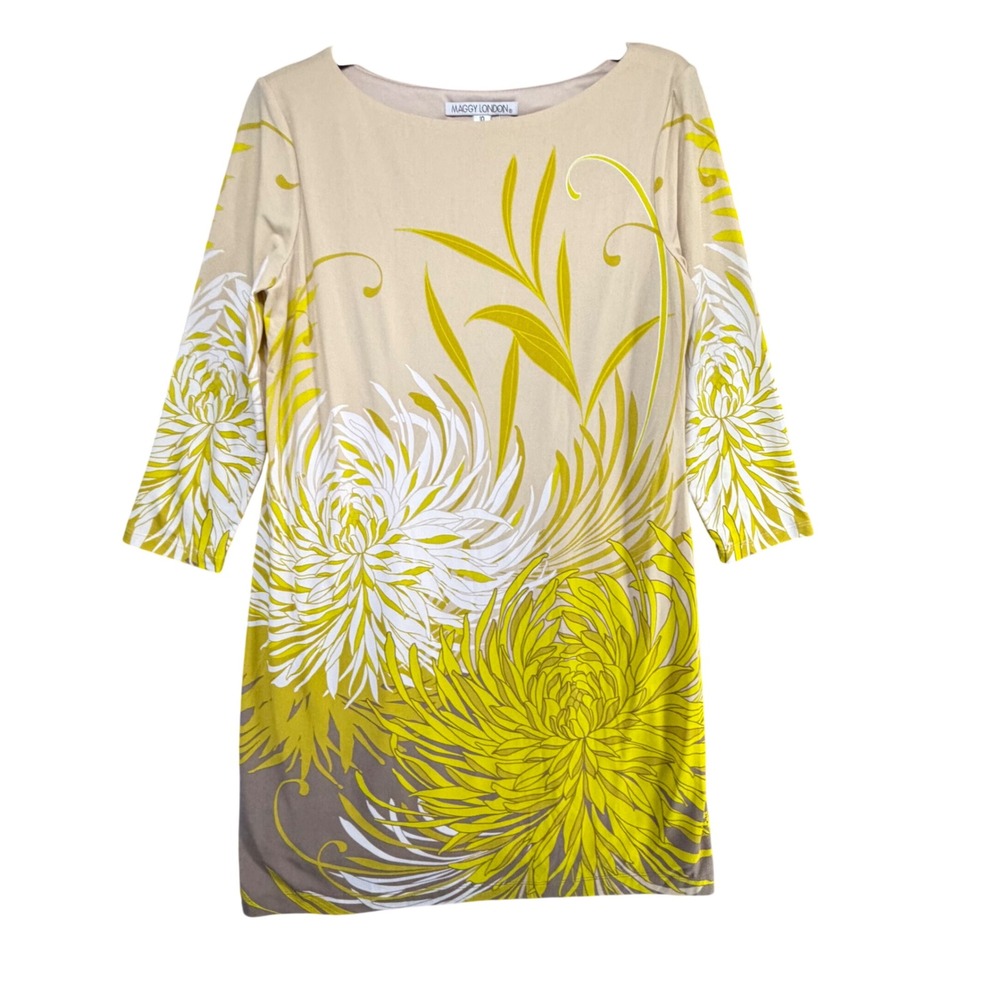 Maggy London Floral Shift Dress Women 10 Beige Yellow 3/4 Sleeve Whimsical Artsy